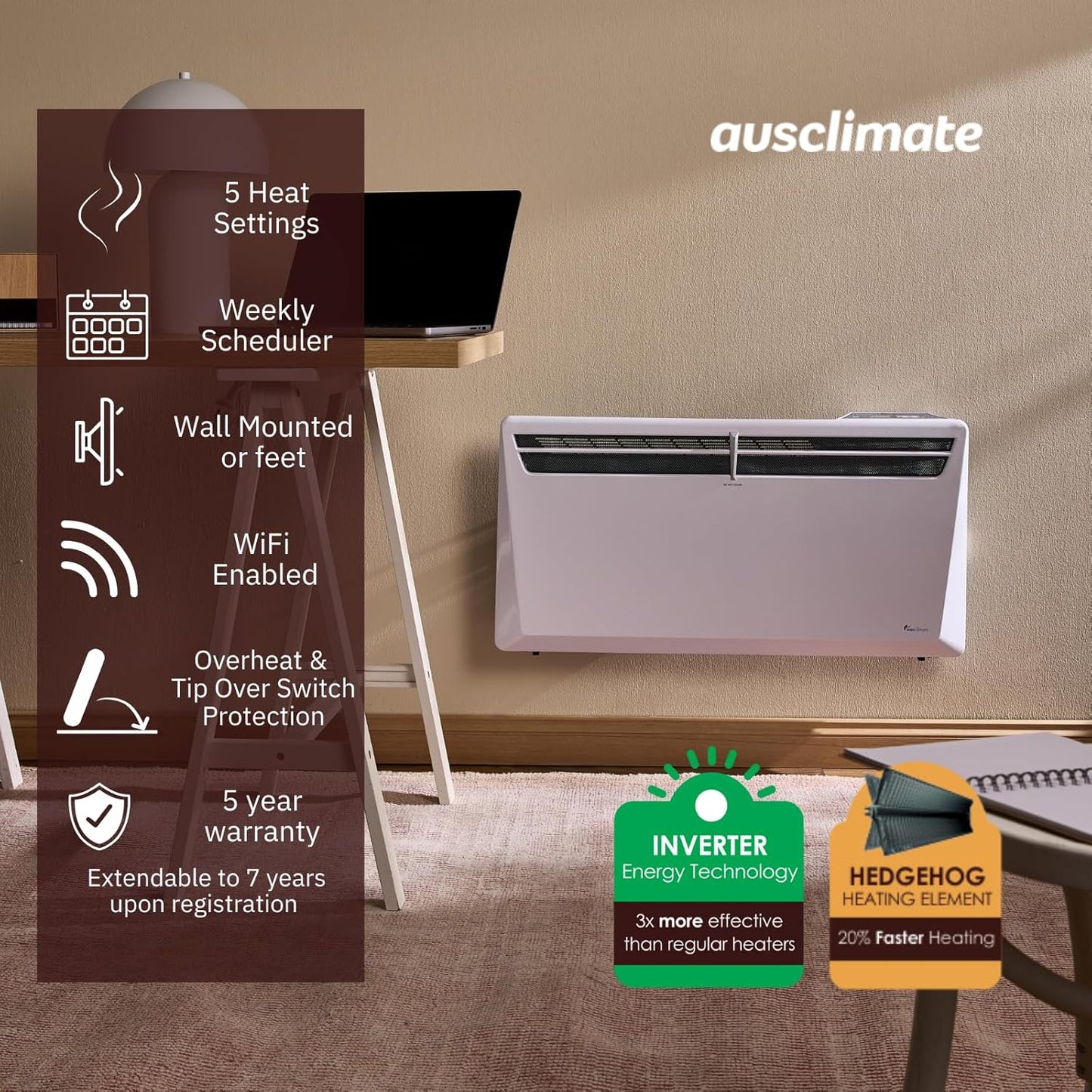 Ausclimate 1500W Smart Inverter Heater Home Electric Panel Heating with 24-Hour