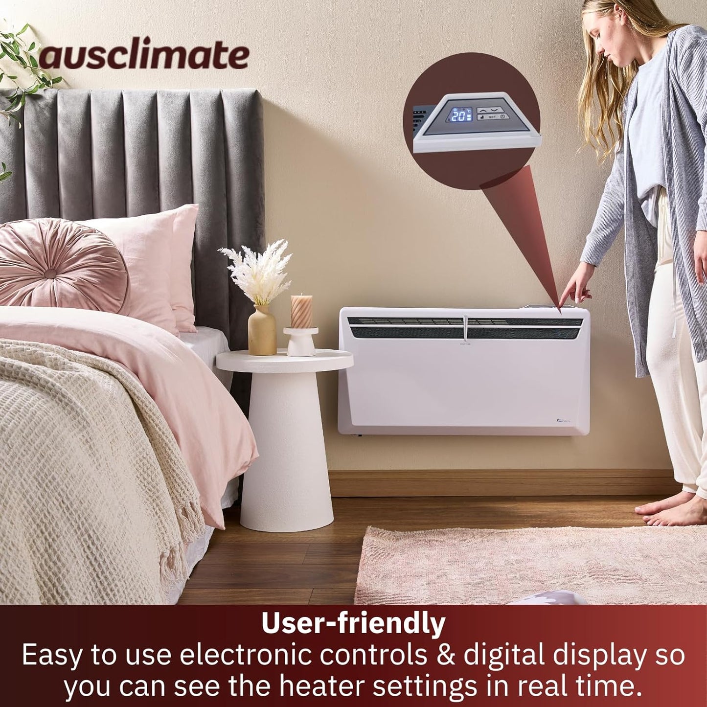 Ausclimate 1500W Smart Inverter Heater Home Electric Panel Heating with 24-Hour
