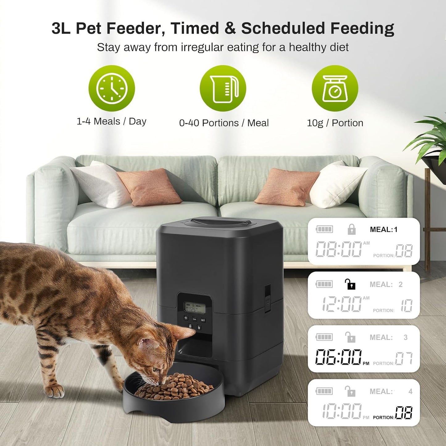 ZEKIRY Automatic Pet Feeder 3L Timed Dog Cat Food Dispenser Scheduled Meals