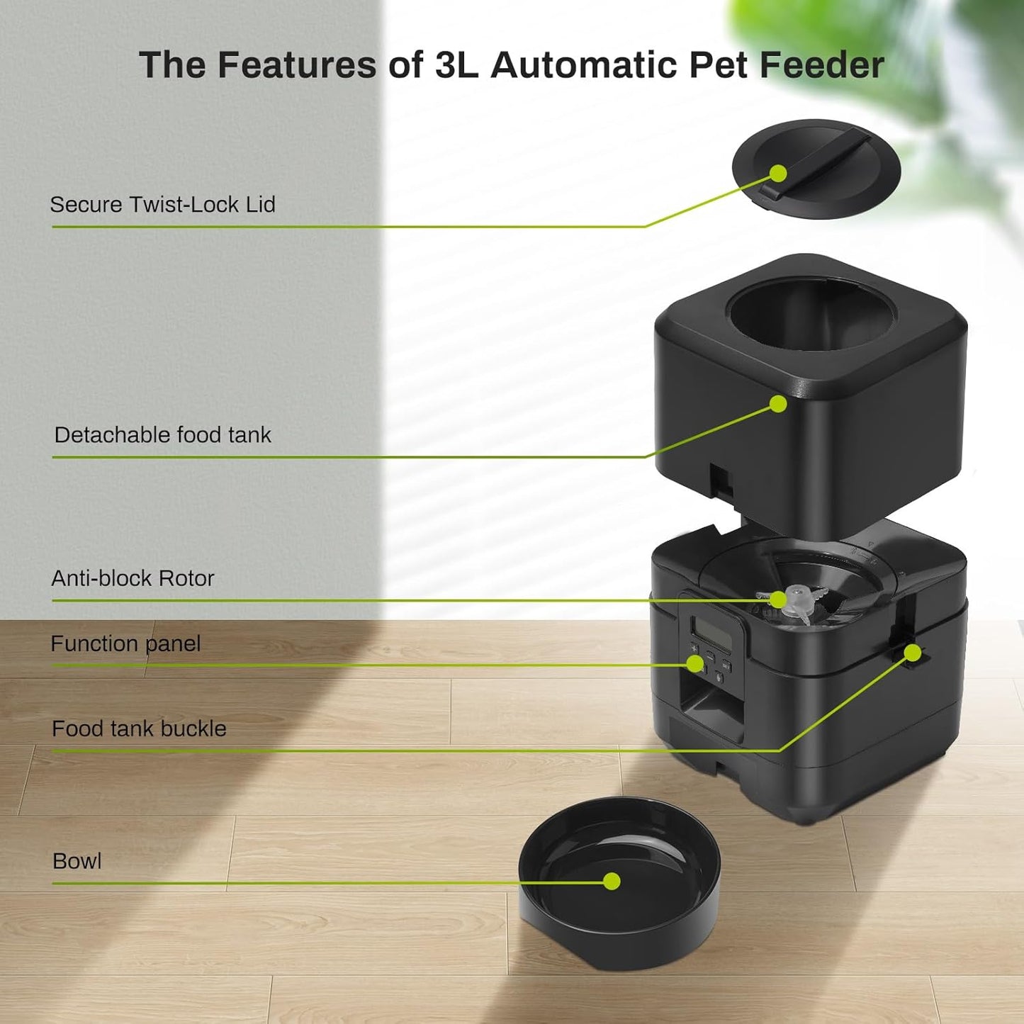 ZEKIRY Automatic Pet Feeder 3L Timed Dog Cat Food Dispenser Scheduled Meals