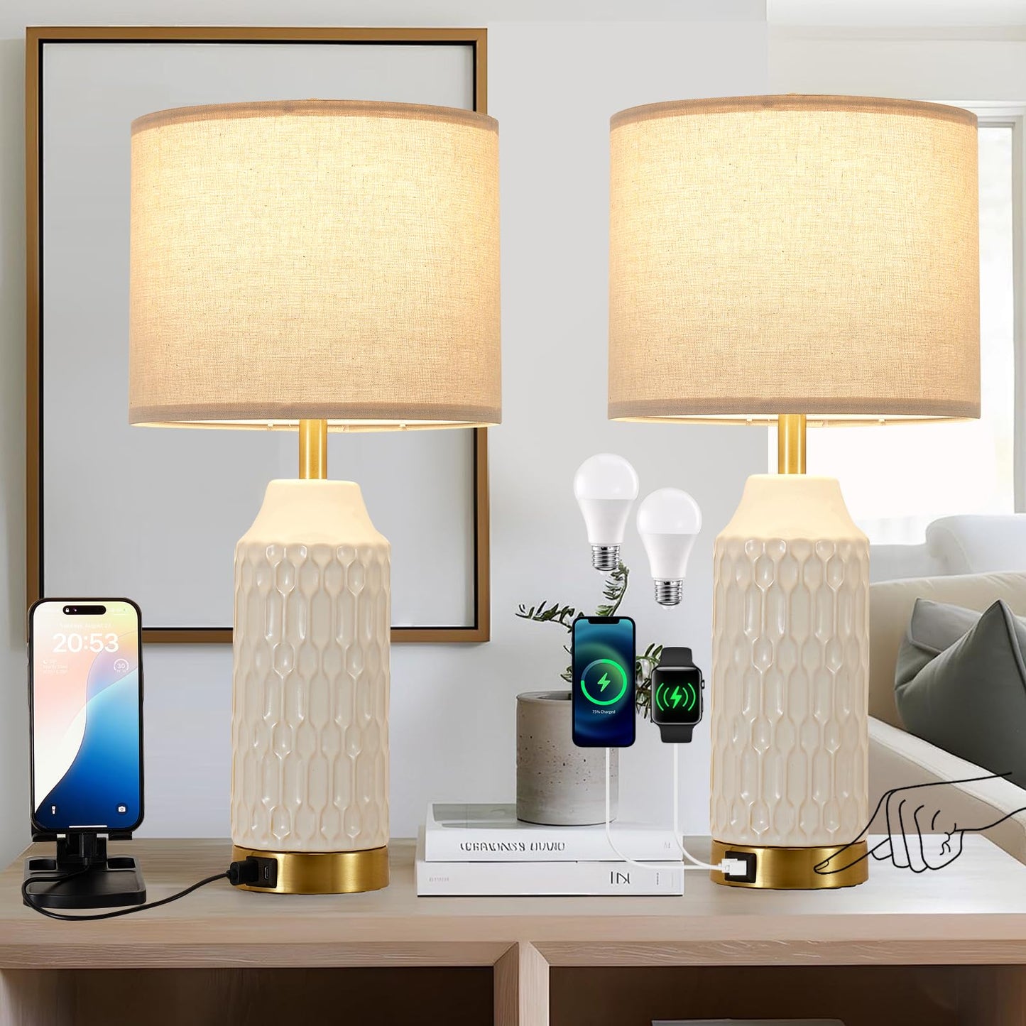 Lhossolite Ceramic White Touch Control 3-Way Dimmable Table Lamp for Home NEW