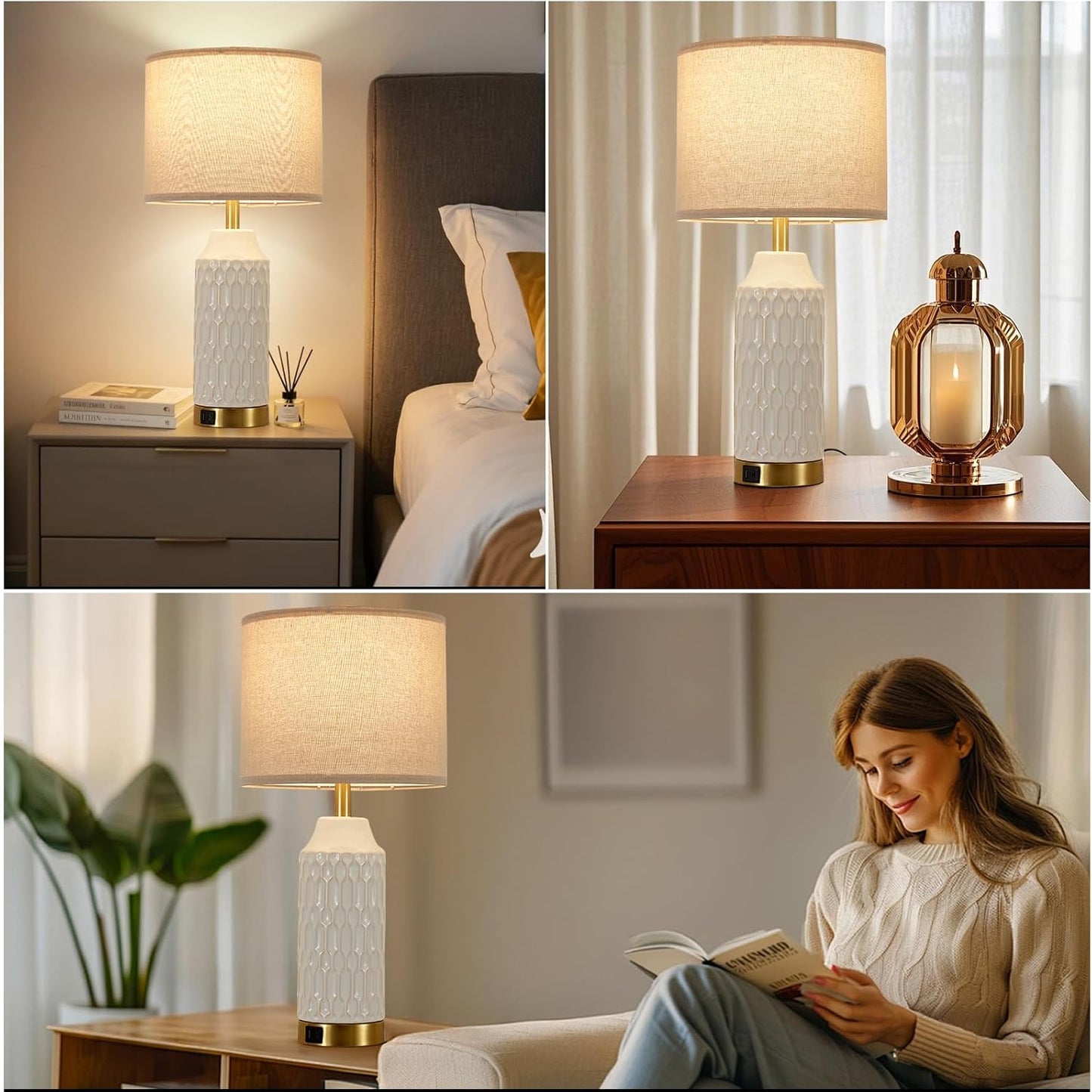Lhossolite Ceramic White Touch Control 3-Way Dimmable Table Lamp for Home NEW