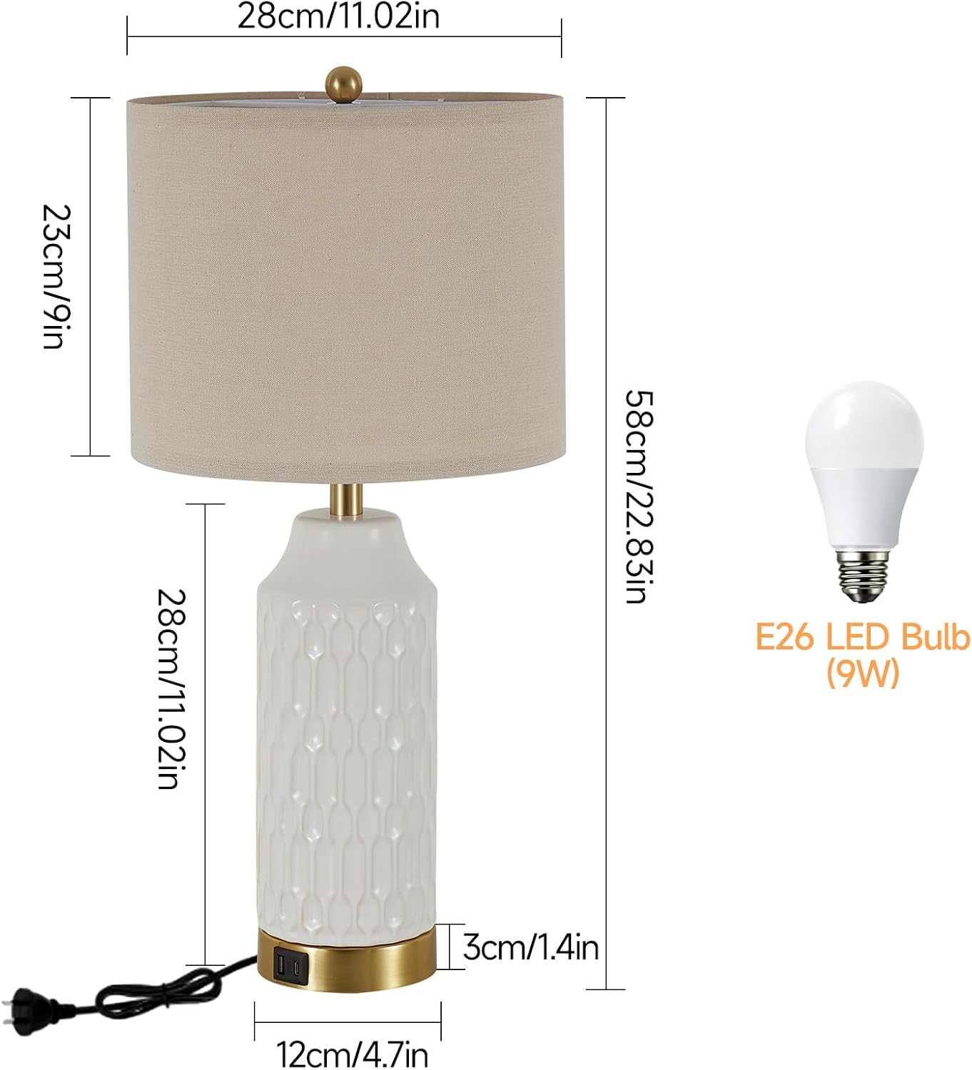 Lhossolite Ceramic White Touch Control 3-Way Dimmable Table Lamp for Home NEW