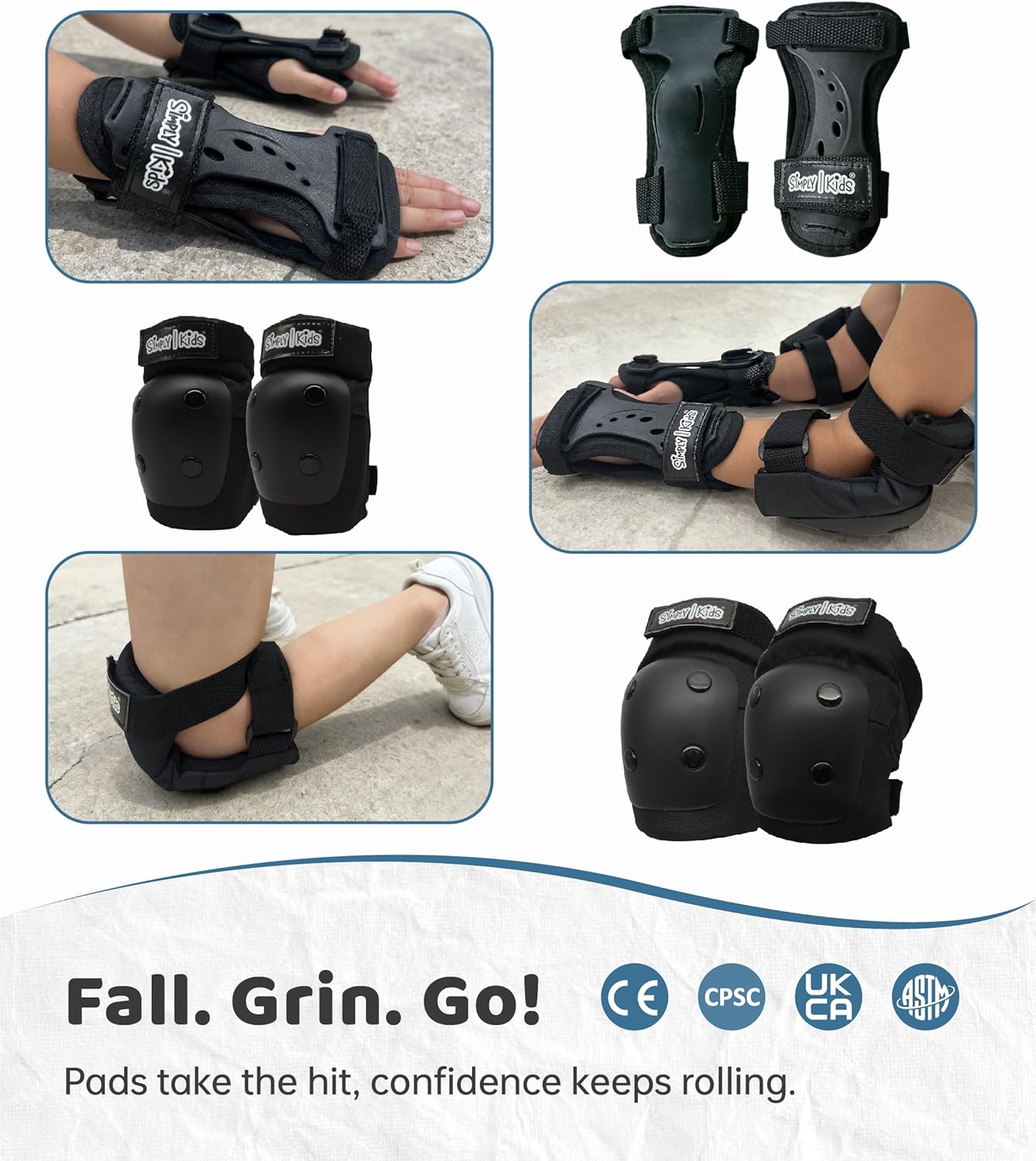 Simply Kids Elbow Pads with Wrist Guards Protective Gear Sports Safety Black NEW