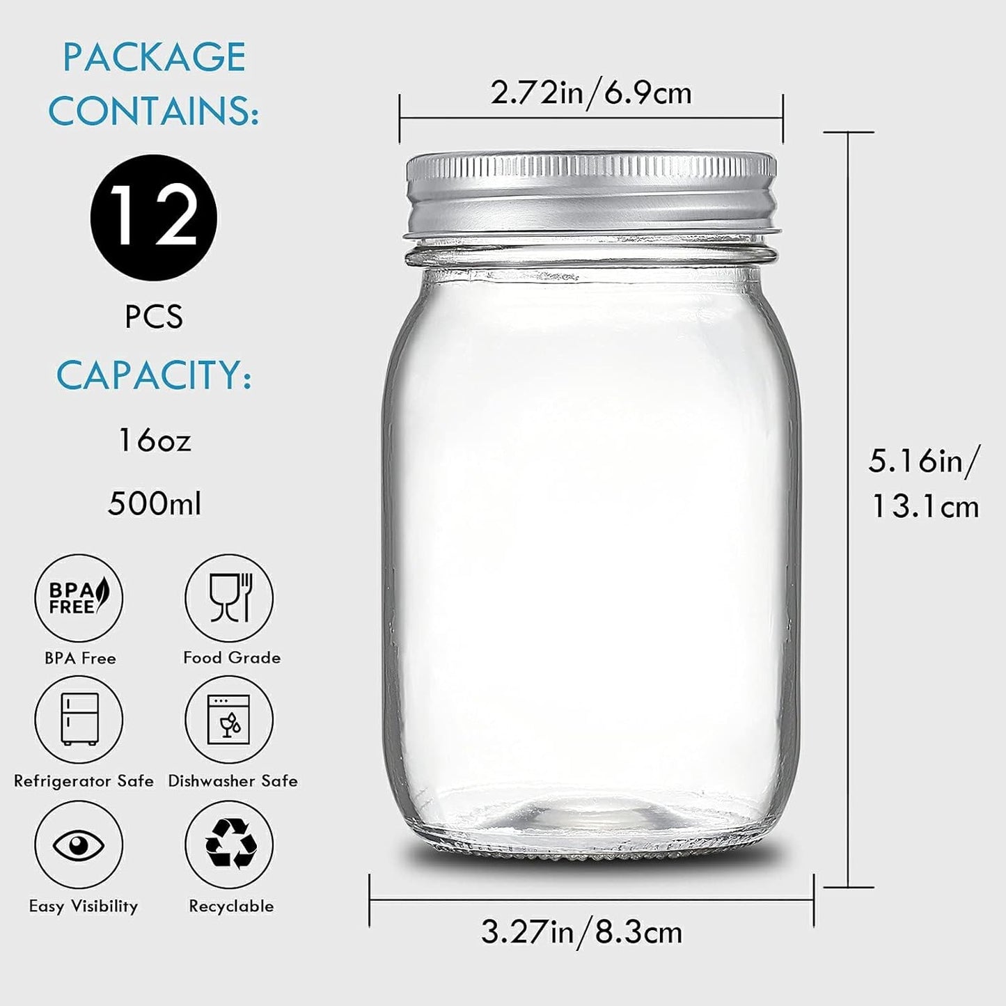 Anfower 12 Pack 500ml Glass Canning Jars with Airtight Lids and Bands NEW