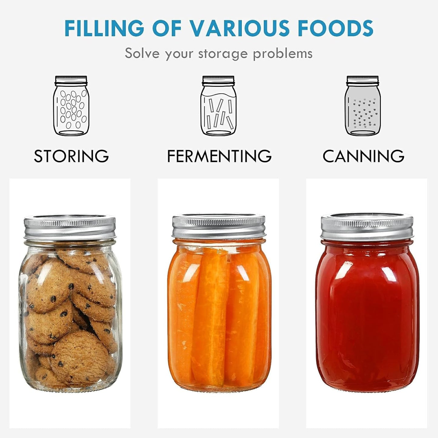 Anfower 12 Pack 500ml Glass Canning Jars with Airtight Lids and Bands NEW
