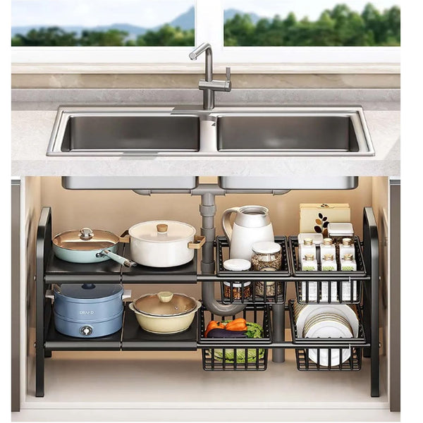 Uandhome Expandable 2-Tier Under Sink Organizer Cabinet Shelf Storage Rack NEW