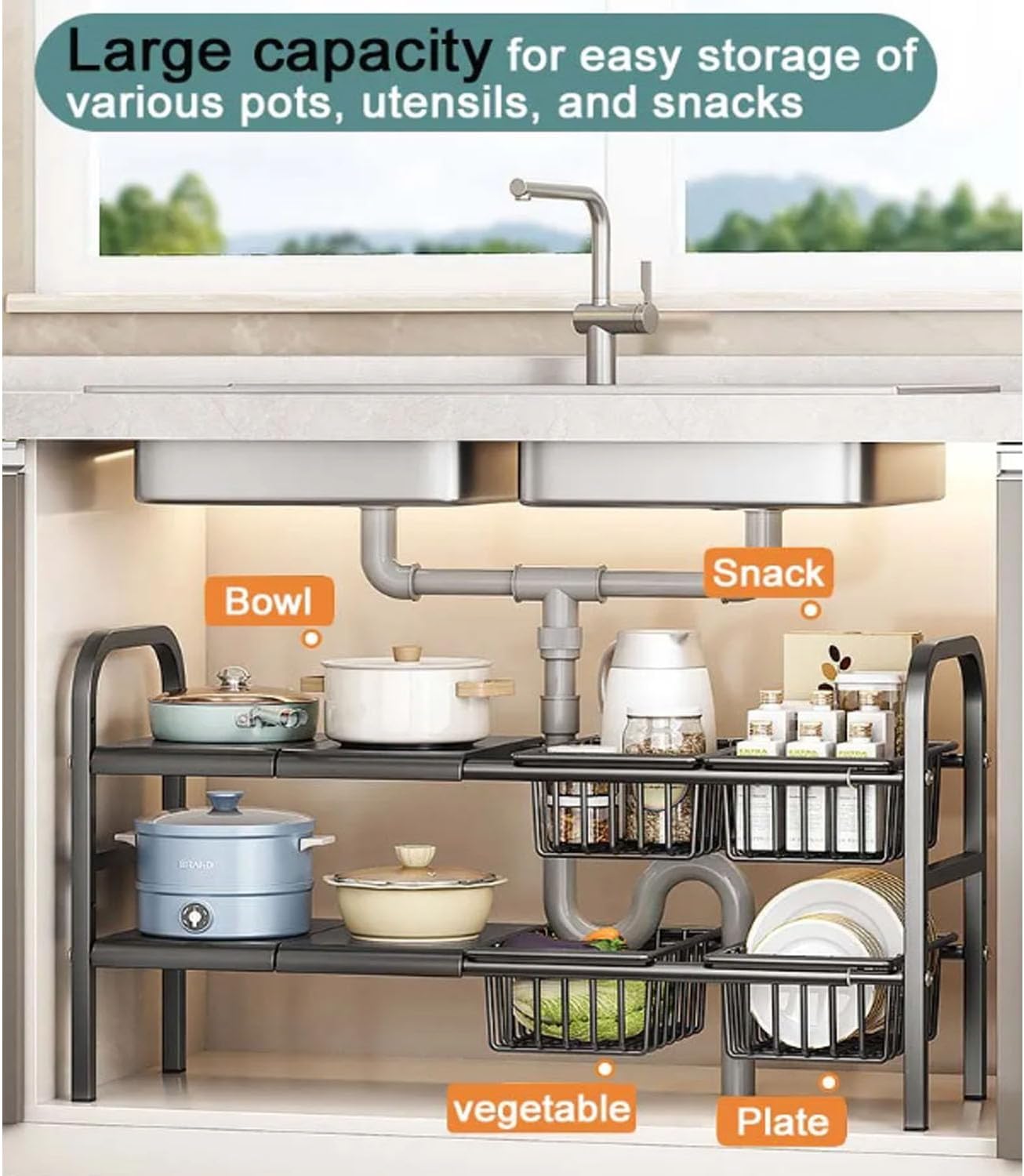 Uandhome Expandable 2-Tier Under Sink Organizer Cabinet Shelf Storage Rack NEW