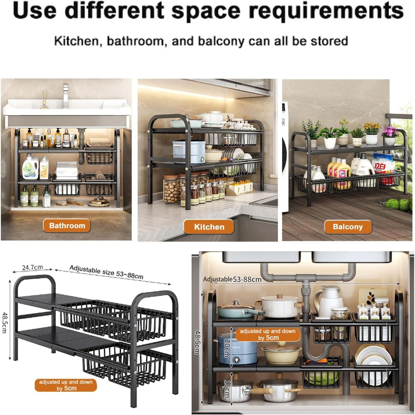 Uandhome Expandable 2-Tier Under Sink Organizer Cabinet Shelf Storage Rack NEW