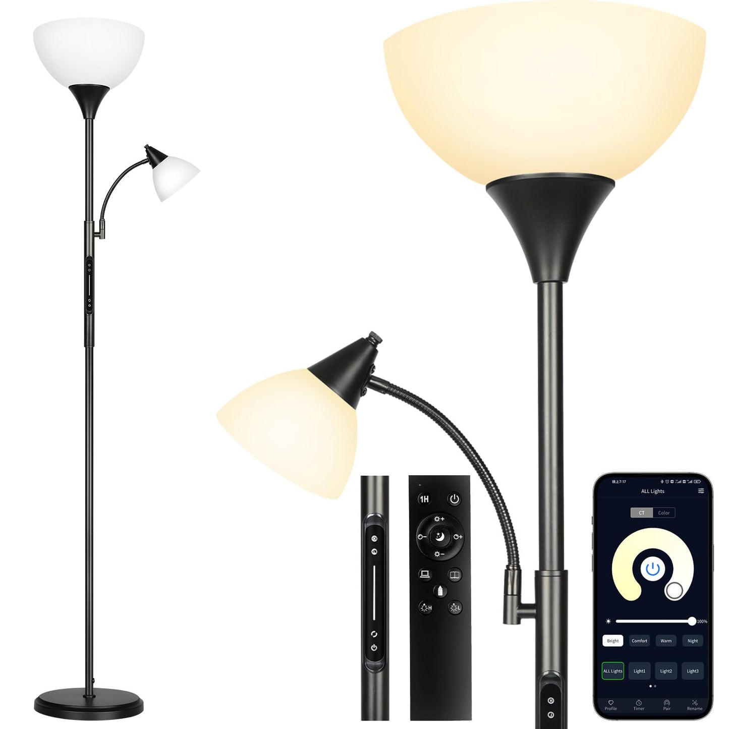 OUTON Dimmable Floor Lamp with Touch Control, Remote & App Uplight Metal NEW