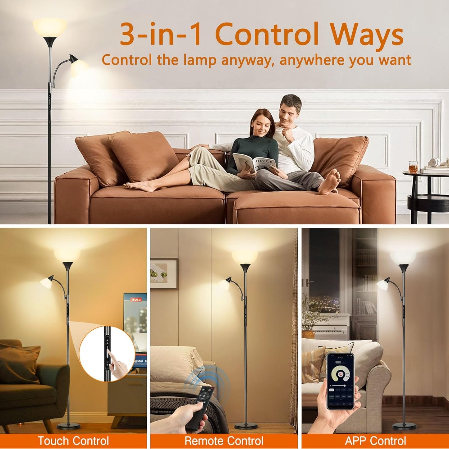 OUTON Dimmable Floor Lamp with Touch Control, Remote & App Uplight Metal NEW