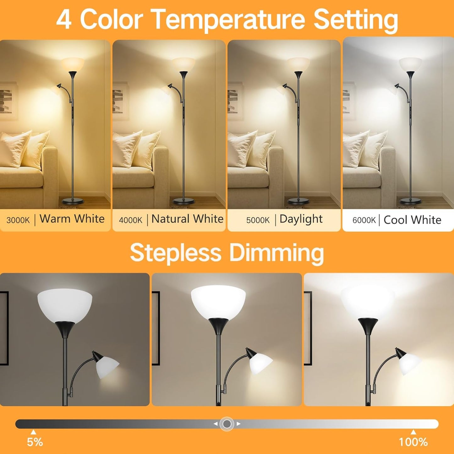 OUTON Dimmable Floor Lamp with Touch Control, Remote & App Uplight Metal NEW