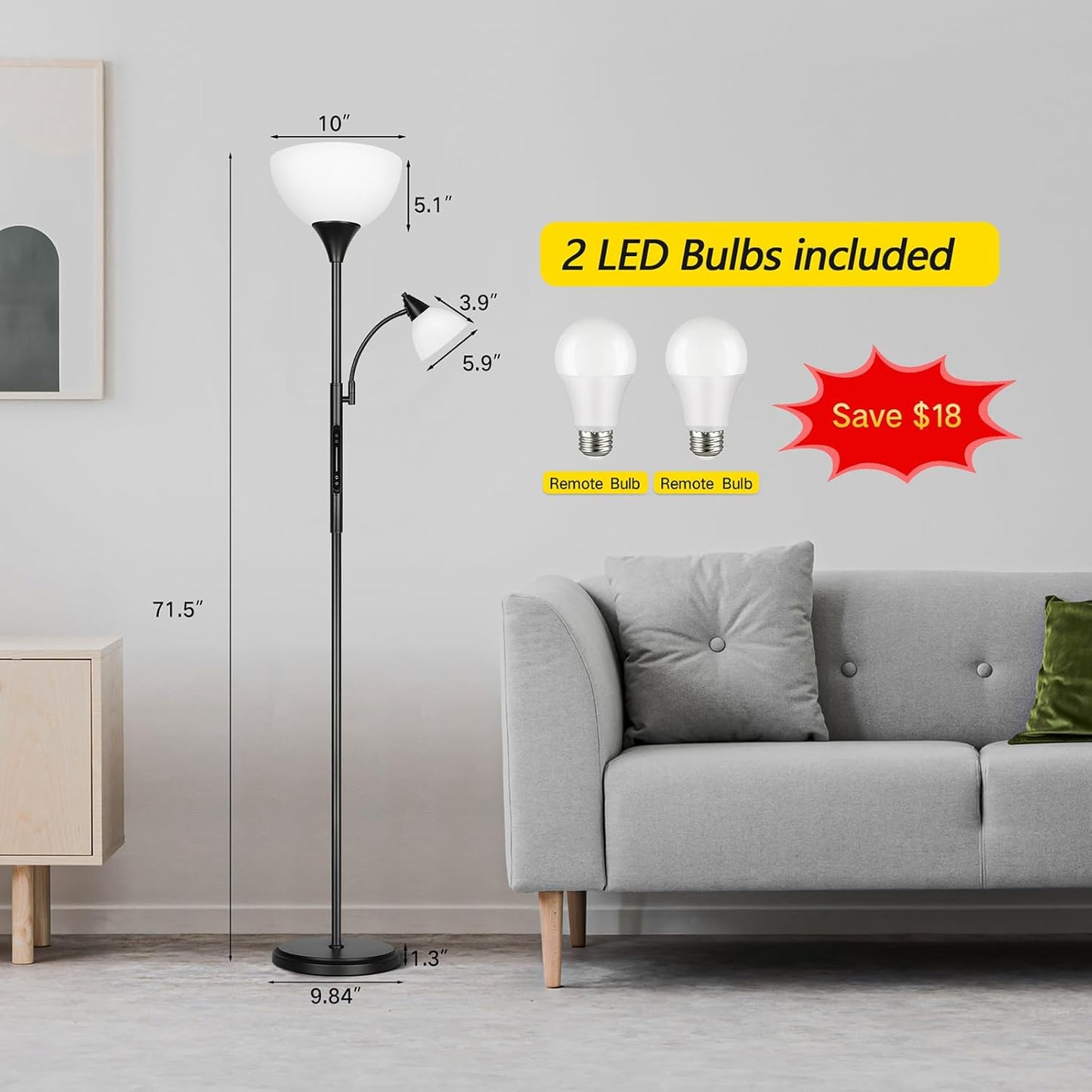 OUTON Dimmable Floor Lamp with Touch Control, Remote & App Uplight Metal NEW