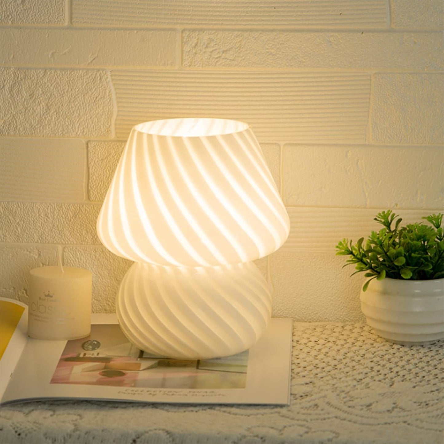 GQJC Glass Mushroom Table Lamp Aesthetic Bedside Decor Home Accent White NEW