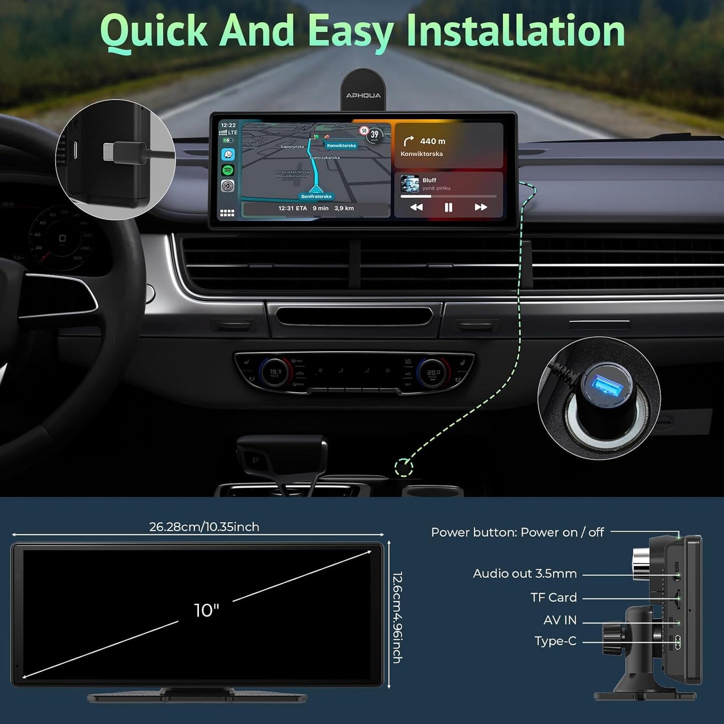 aphqua Wireless Carplay Android Auto 9.3" Touchscreen Audio Video Accessory DEMO