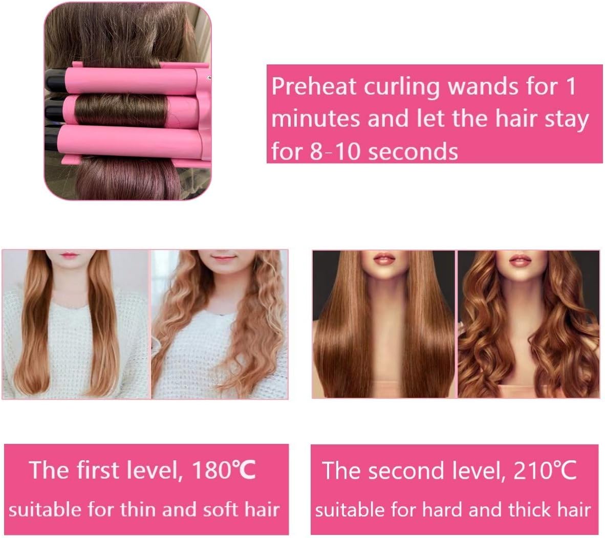 Junma 25mm Ceramic Curling Wand Hair Crimper for Women, Pink Styling Tool DEMO