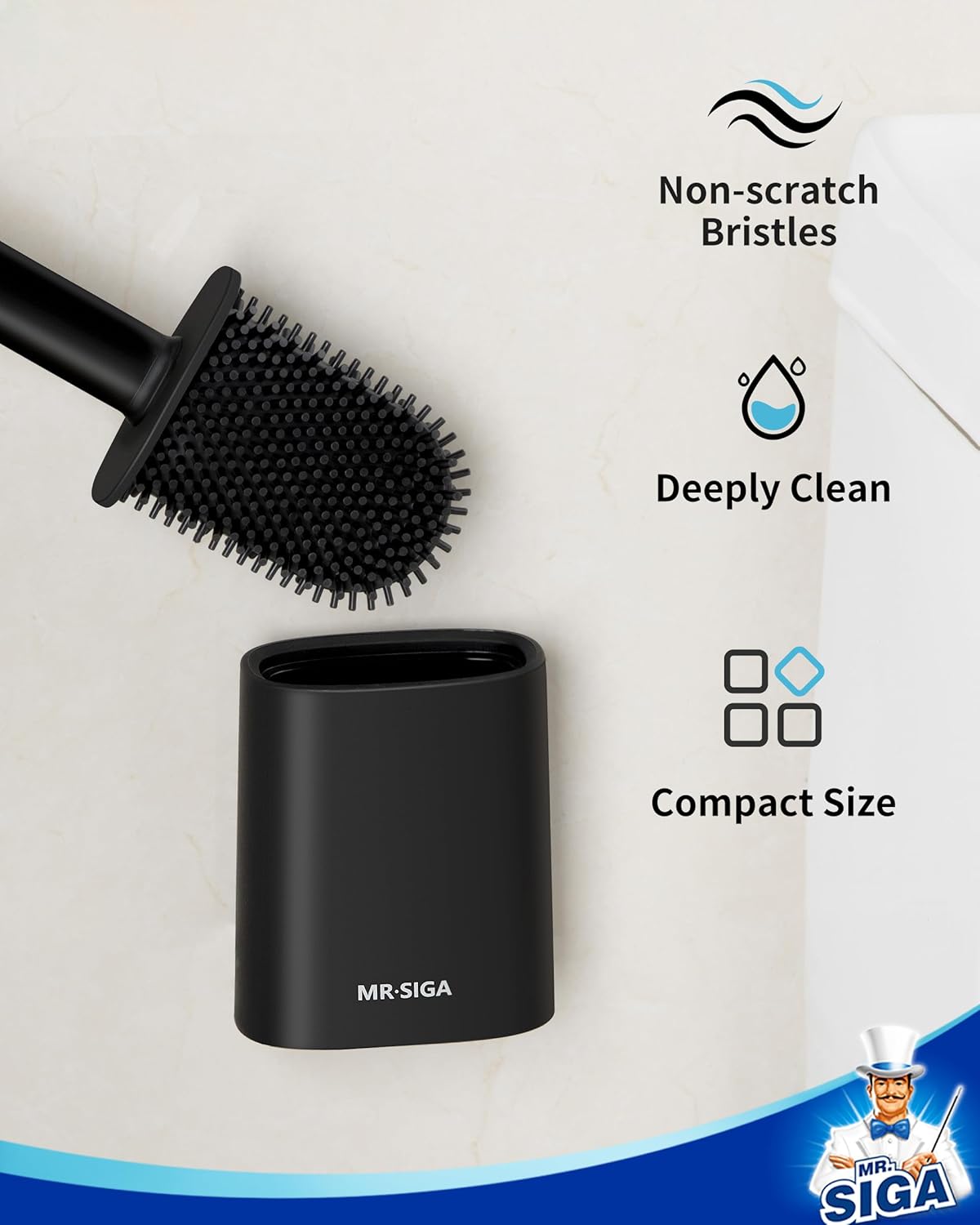 MR.SIGA Wall Mounted Toilet Brush and Holder Set, Compact Black Bowl Caddy DEMO
