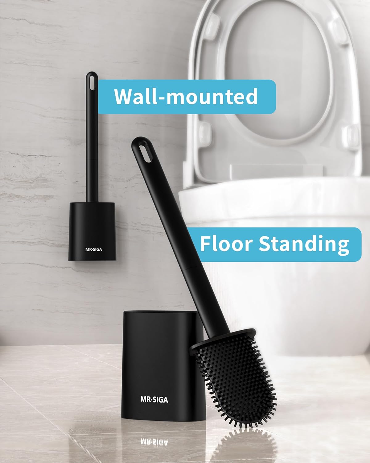 MR.SIGA Wall Mounted Toilet Brush and Holder Set, Compact Black Bowl Caddy DEMO