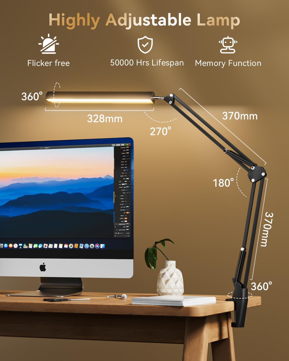 YESDEX Desk Lamp with Clamp Eye-Caring Clip-on Reading 3 Color Modes 10 NEW