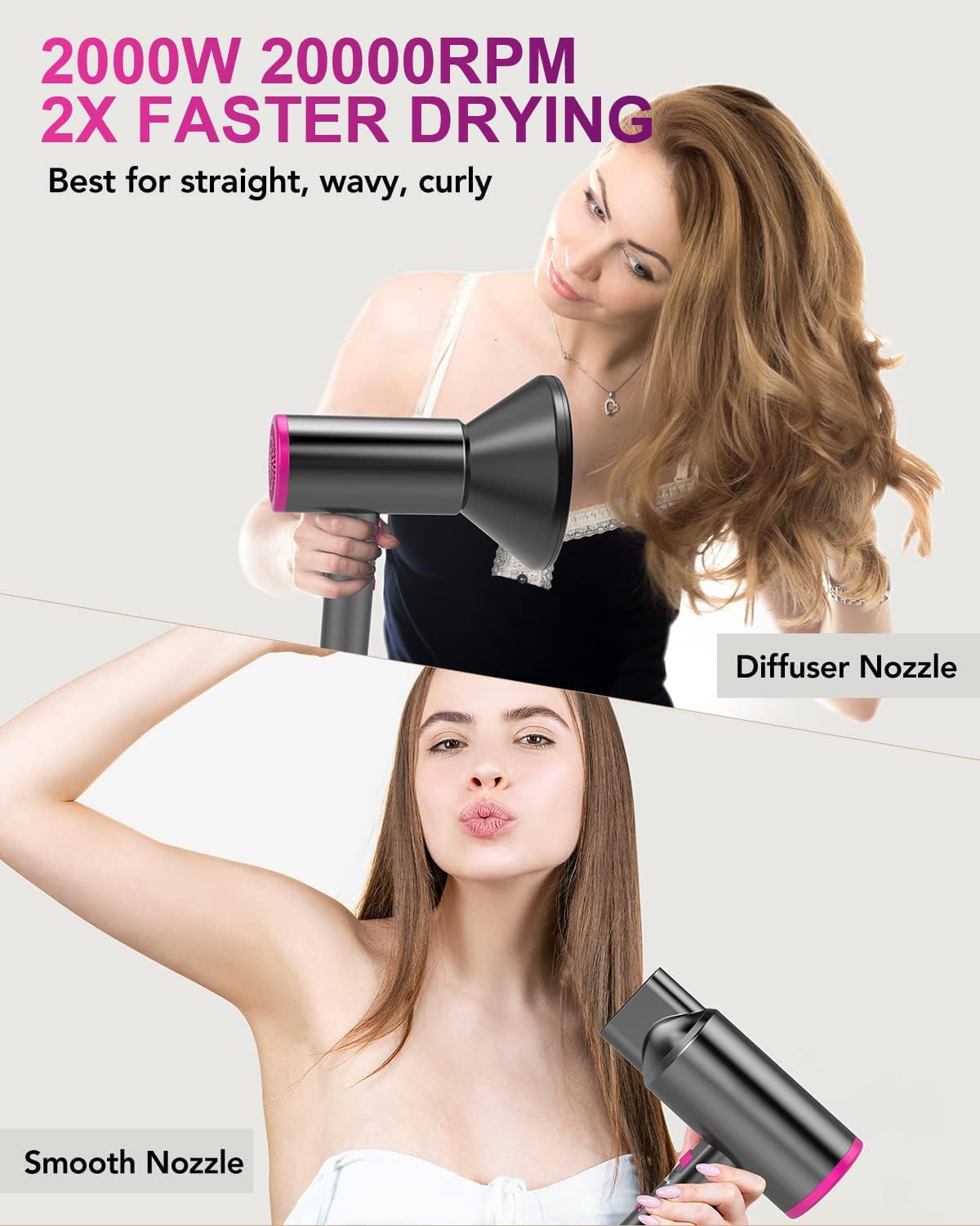 NEWSEE 2000W Professional Ionic Hair Dryer with Diffuser, Purple, NEW