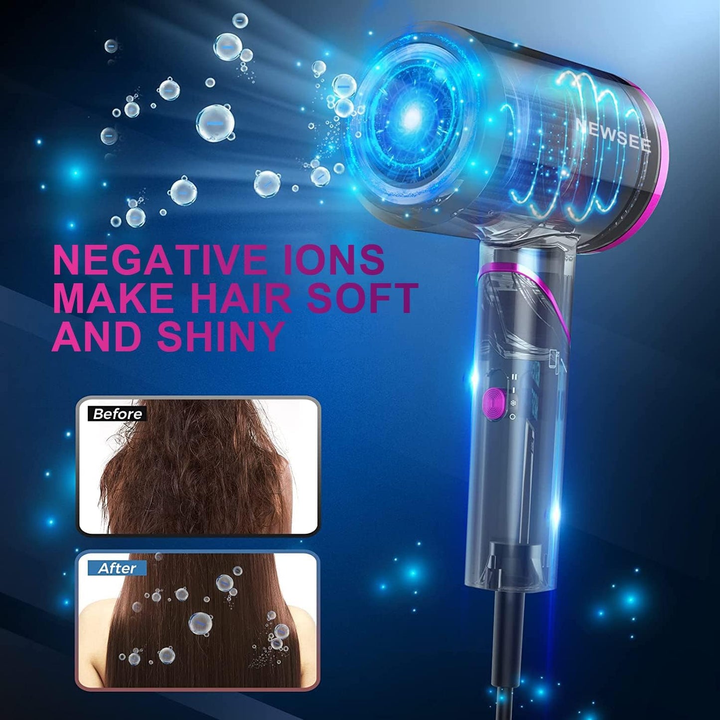 NEWSEE 2000W Professional Ionic Hair Dryer with Diffuser, Purple, NEW