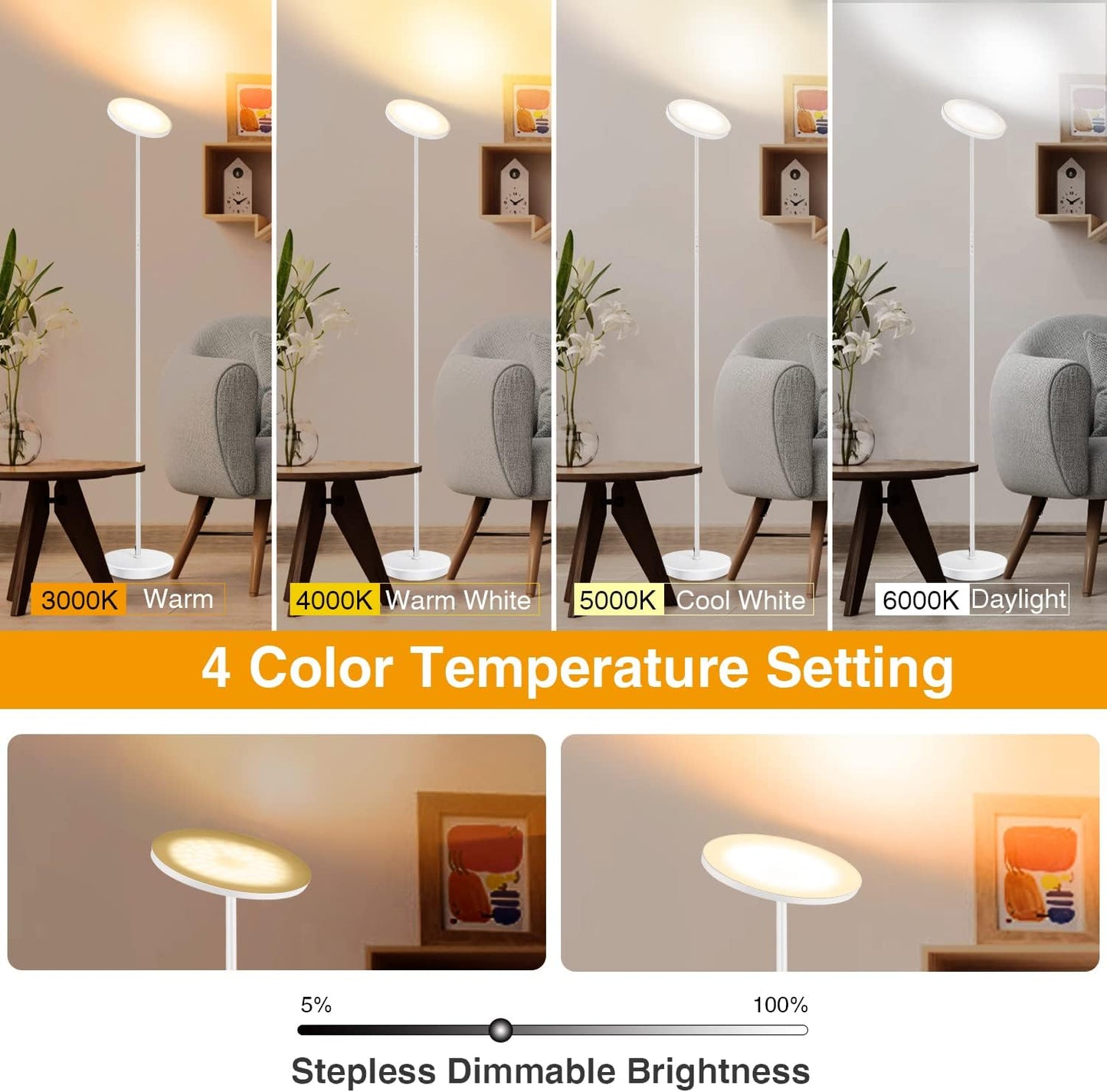 OUTON 30W 3000LM LED Uplighter Floor Lamp Dimmable Bright Standing White NEW
