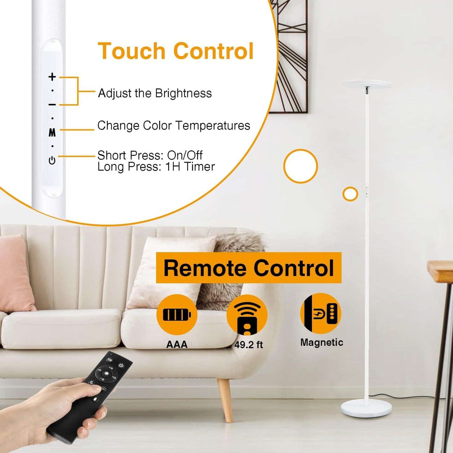 OUTON 30W 3000LM LED Uplighter Floor Lamp Dimmable Bright Standing White NEW