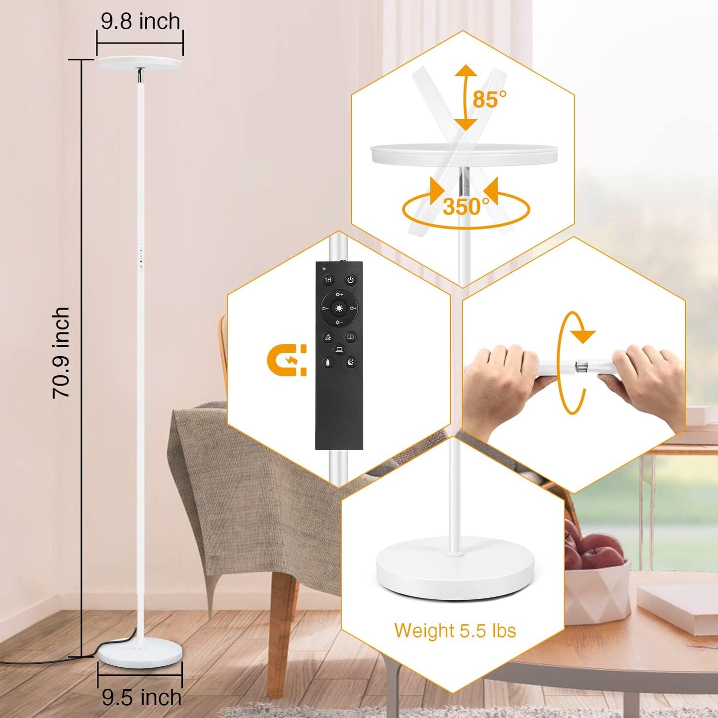 OUTON 30W 3000LM LED Uplighter Floor Lamp Dimmable Bright Standing White NEW