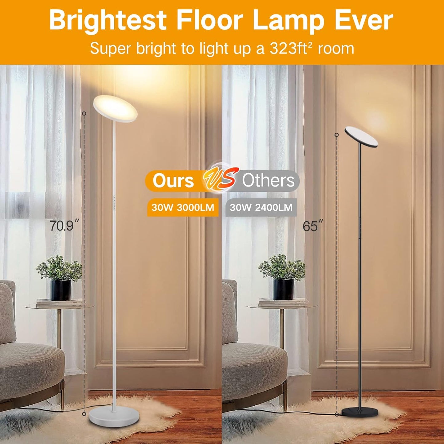 OUTON 30W 3000LM LED Uplighter Floor Lamp Dimmable Bright Standing White NEW