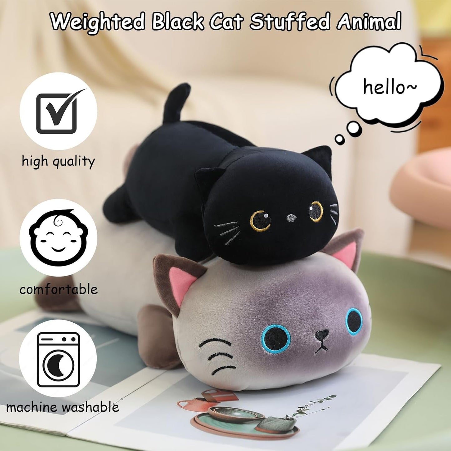 SQEQE Weighted Black Cat Plush Stuffed Animal Cute Toy Large 60CM Size DEMO