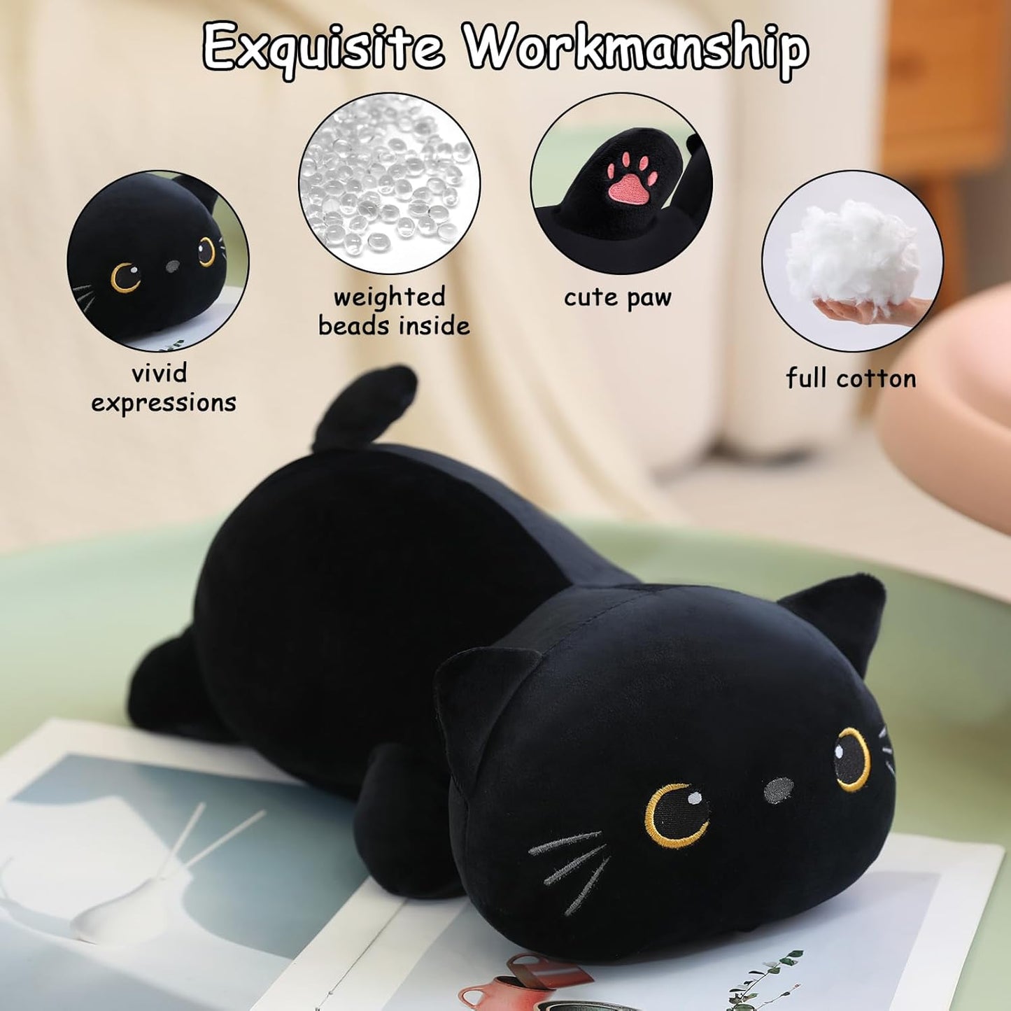 SQEQE Weighted Black Cat Plush Stuffed Animal Cute Toy Large 60CM Size DEMO