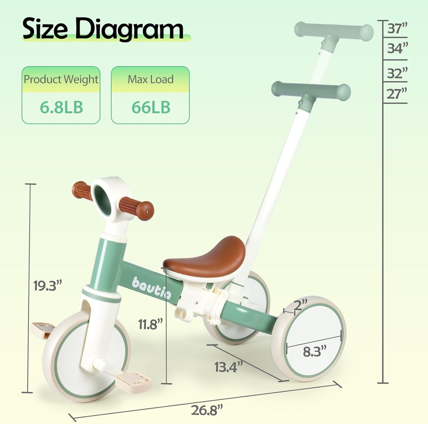 Bautia 5-in-1 Trikes Baby Balance Trike Toddler Tricycle with Push Handle NEW