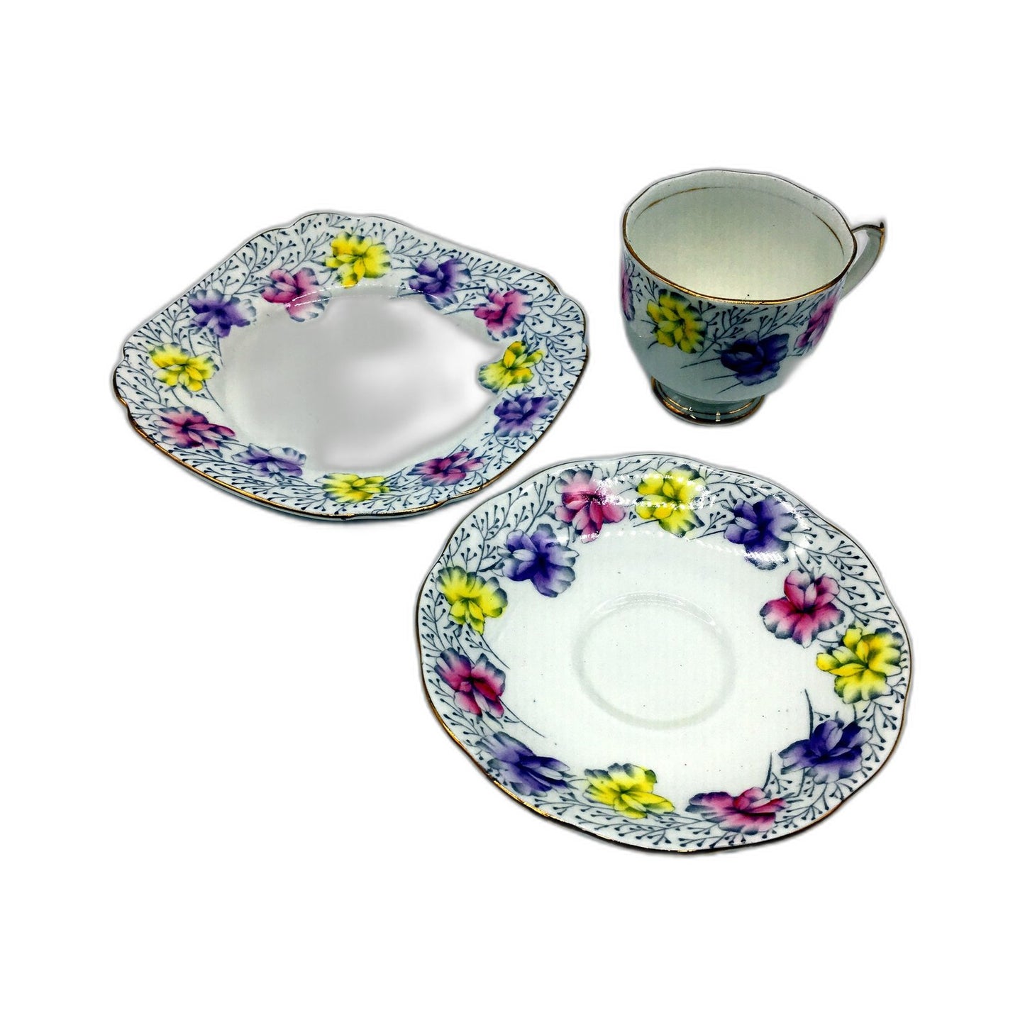 VINTAGE Sweetpea Roslyn 3 Piece Floral Vintage Teacup & Saucer Set Multi Color