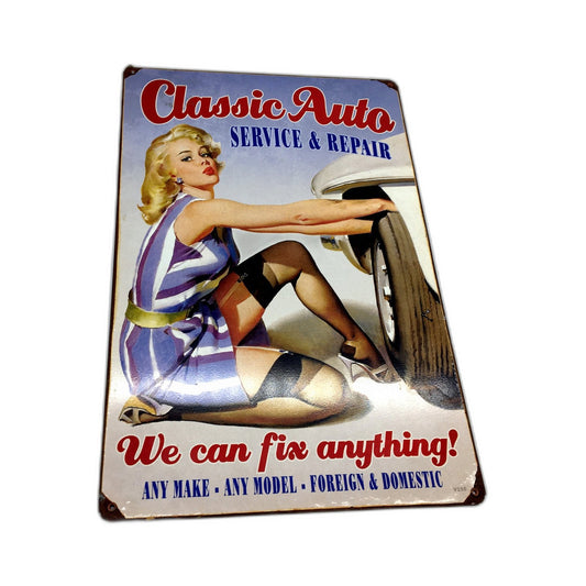 Classic Auto Service & Repair Vintage Pin-Up Style Metal Sign Distressed