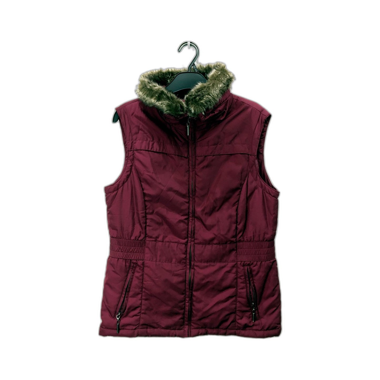Burgundy Puffer Vest Womens with Faux Fur Trim, Polyester, Size M