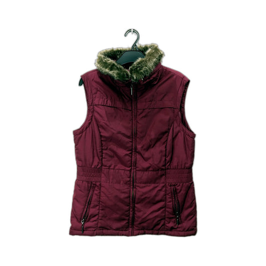 Burgundy Puffer Vest Womens with Faux Fur Trim, Polyester, Size M