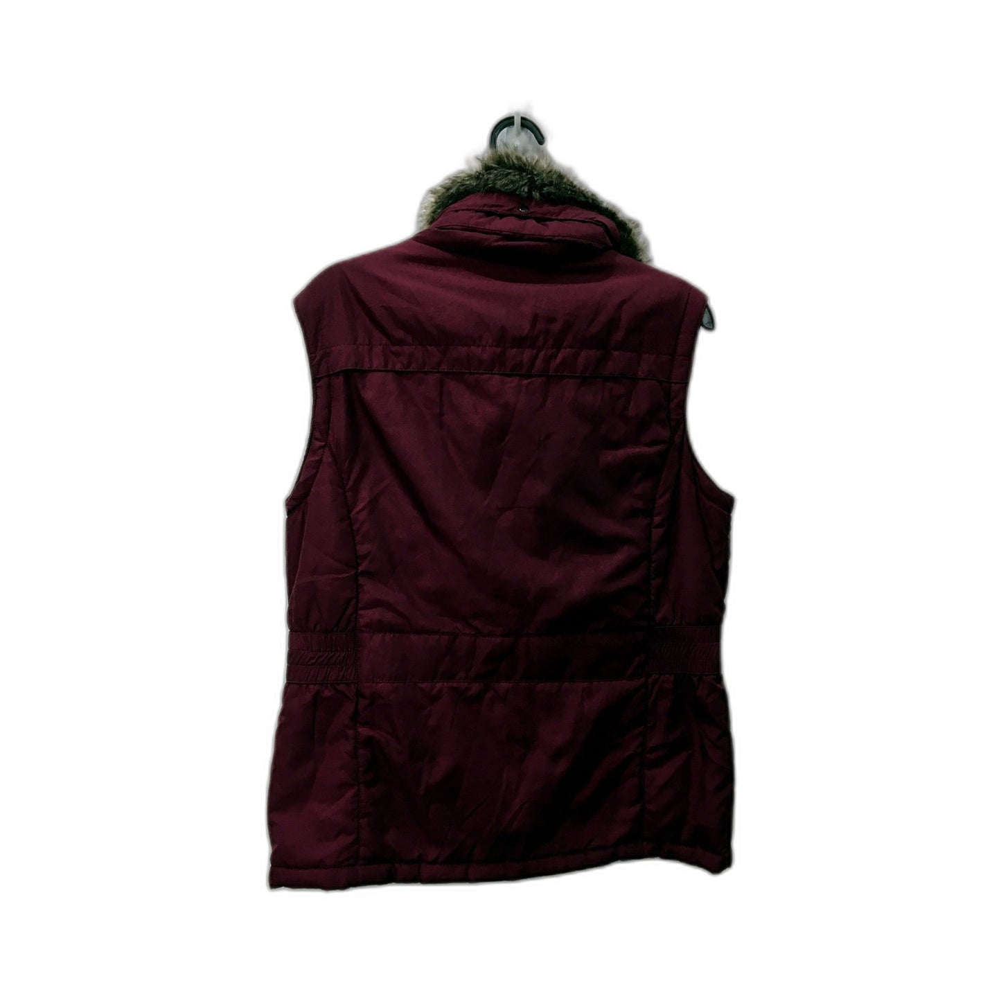 Burgundy Puffer Vest Womens with Faux Fur Trim, Polyester, Size M