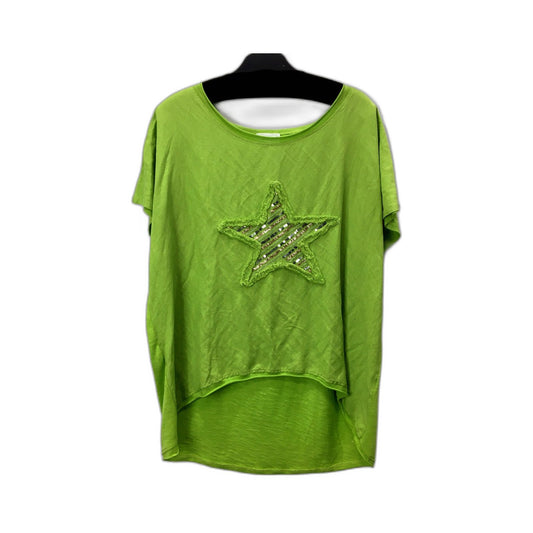 Cali & Co Womens Oversized Linen T-Shirt Lime Green Sequin Star Applique Size