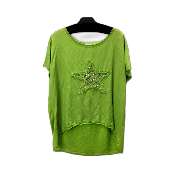 Cali & Co Womens Oversized Linen T-Shirt Lime Green Sequin Star Applique Size