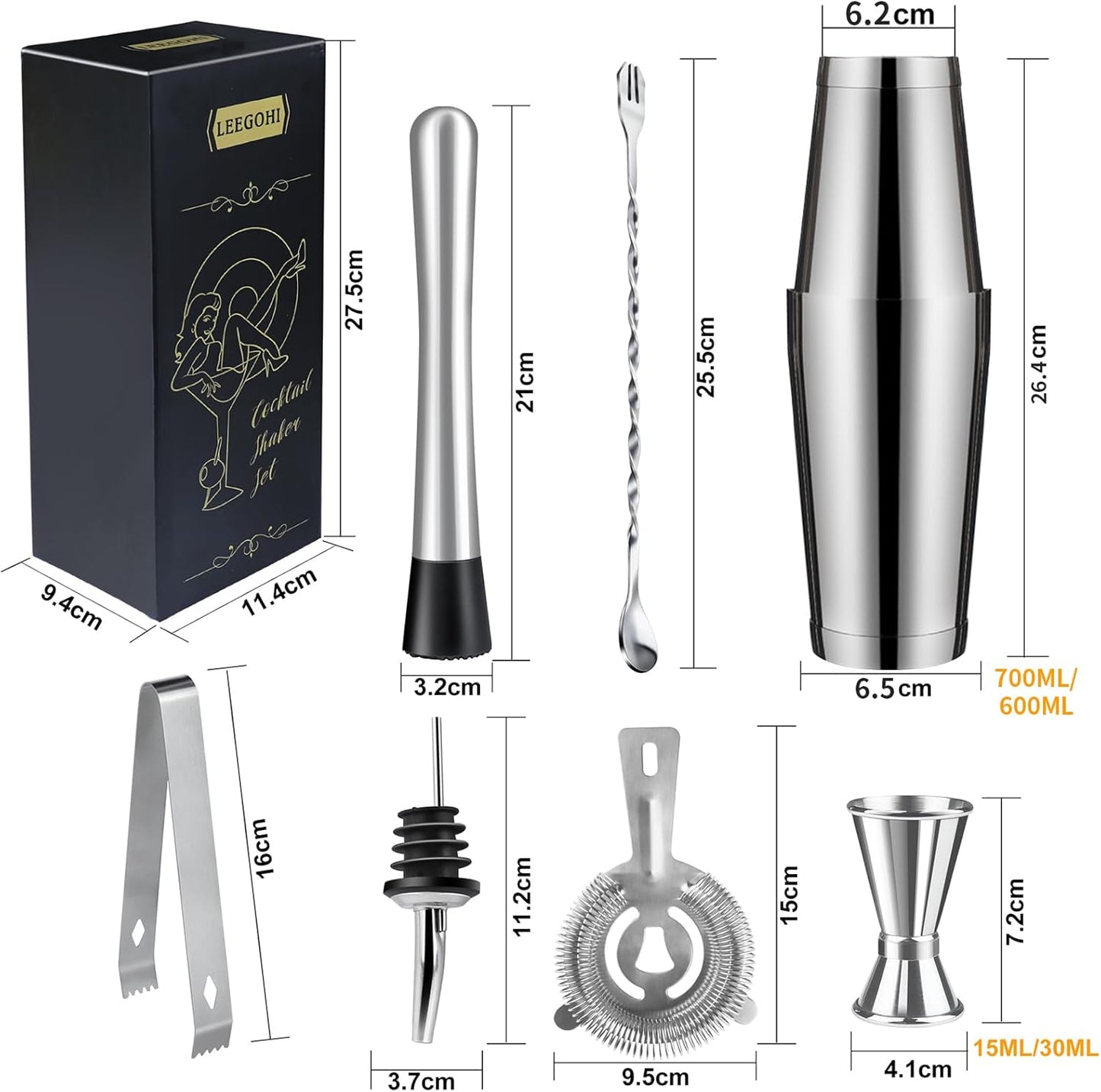 LEEGOHI Cocktail Cocktail Shakers Shaker Set 8-Piece Stainless Steel NEW