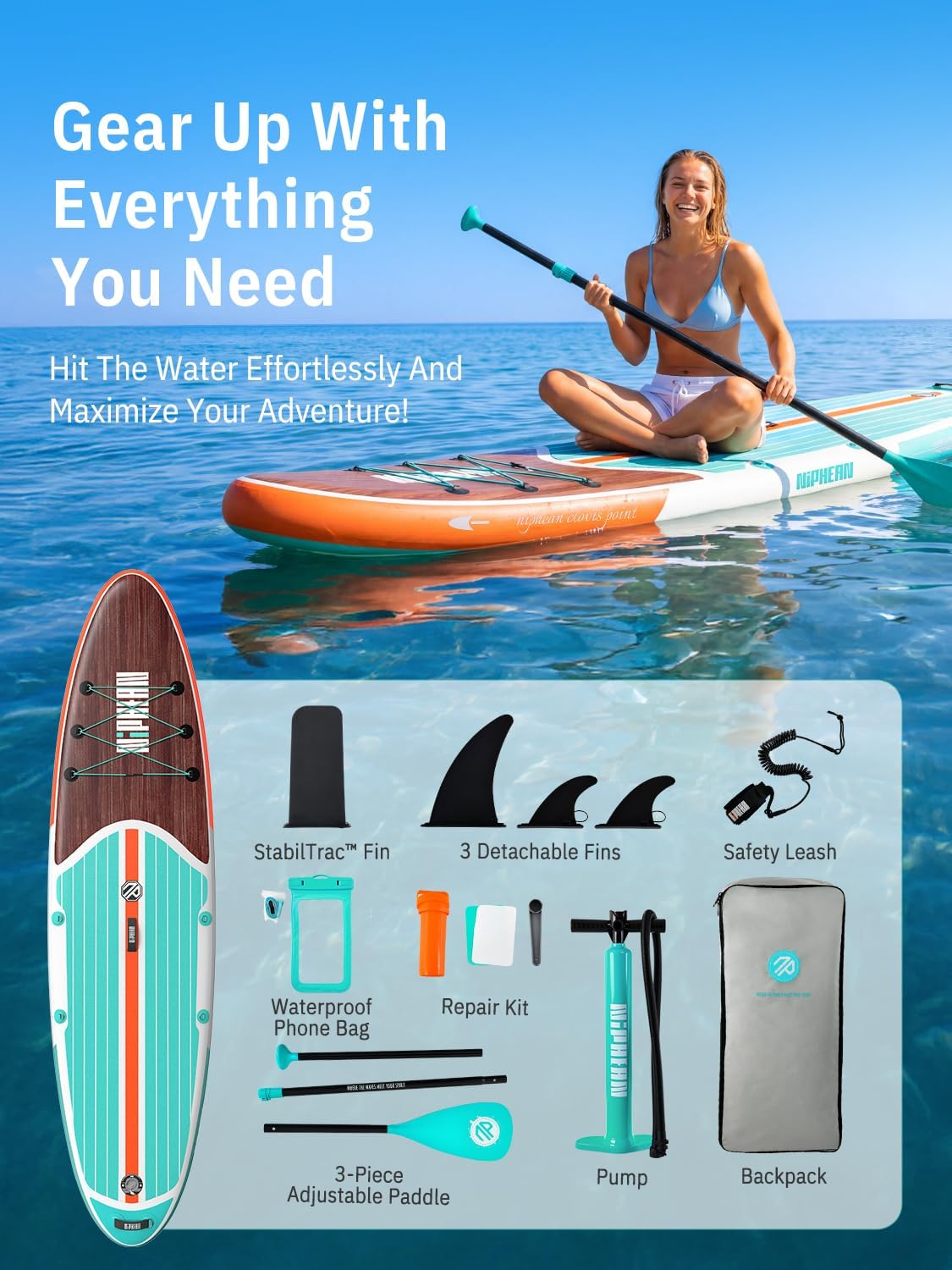 niphean Inflatable Stand Up Paddle Board with StabilTrac Fin Design NEW