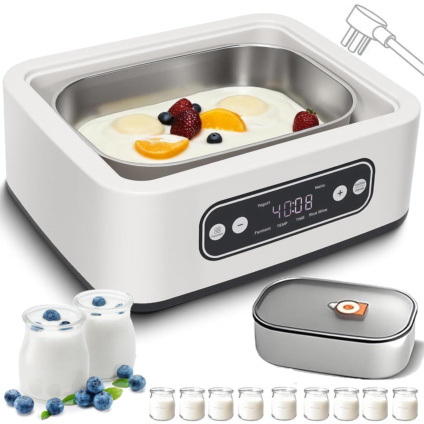 JSAUGXQYLYDB 1.6L Electric Yogurt Maker with 9 Glass Jars, White, DEMO