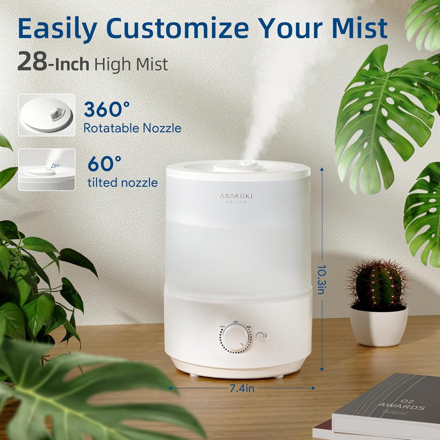 ASAKUKI 3L Cool Mist Humidifier for Bedroom, Top Fill, White, Quiet DEMO