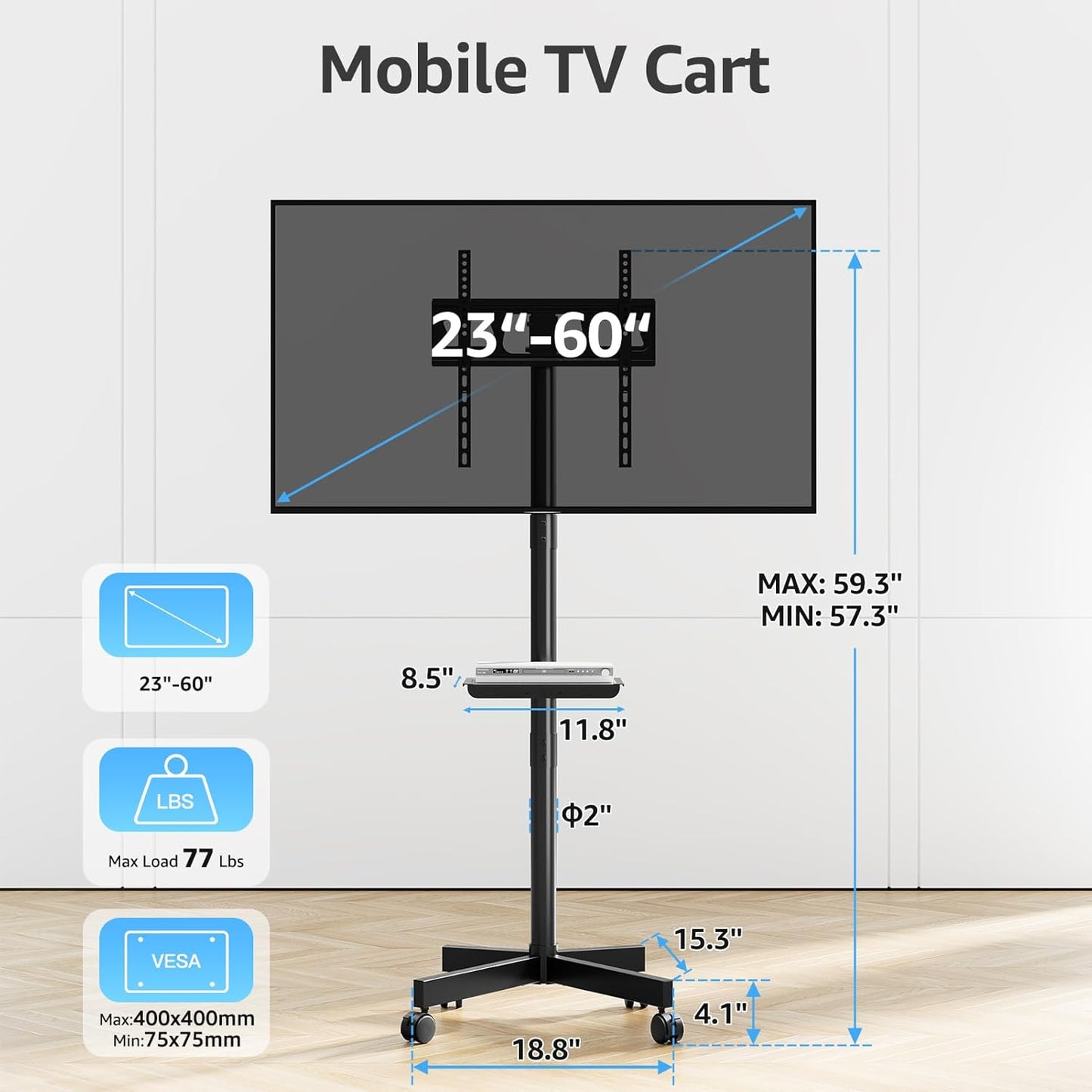 MOUNTUP Portable TV Floor Stand Mobile Cart for 23-60 Inch TVs, Black, DEMO