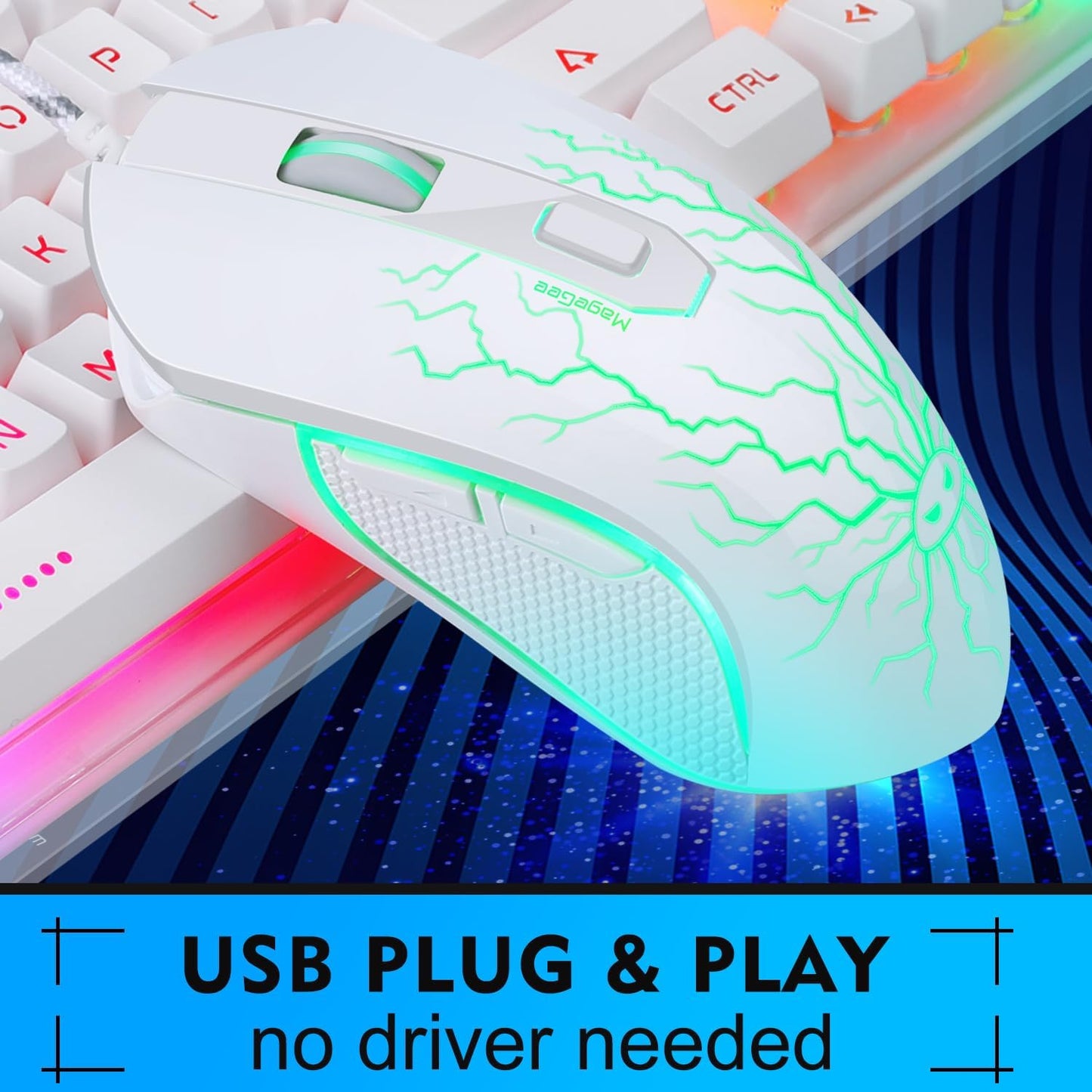 MageGee K1 RGB LED Backlit Keyboard and Mouse Combo White 104 Key Computer DEMO