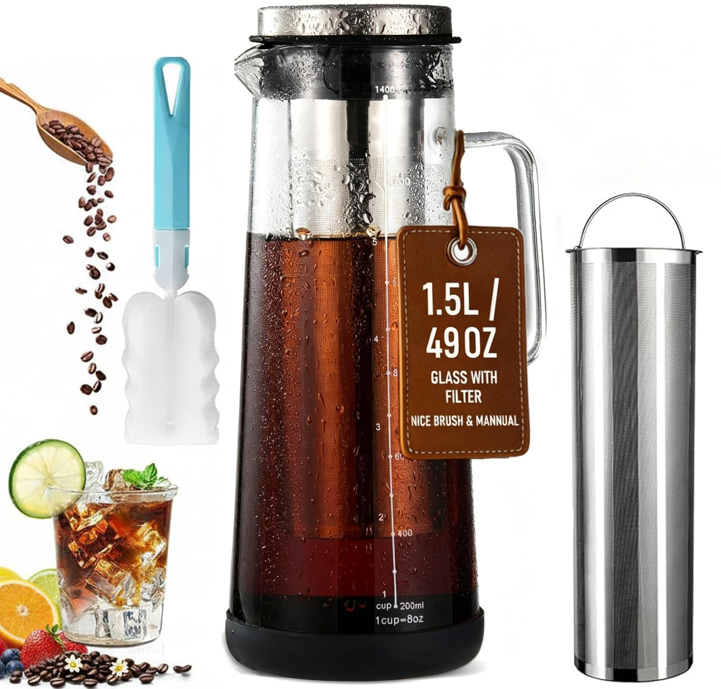 Nexylos 1.5L Cold Brew Coffee Maker and Iced Tea Jug Borosilicate Glass DEMO