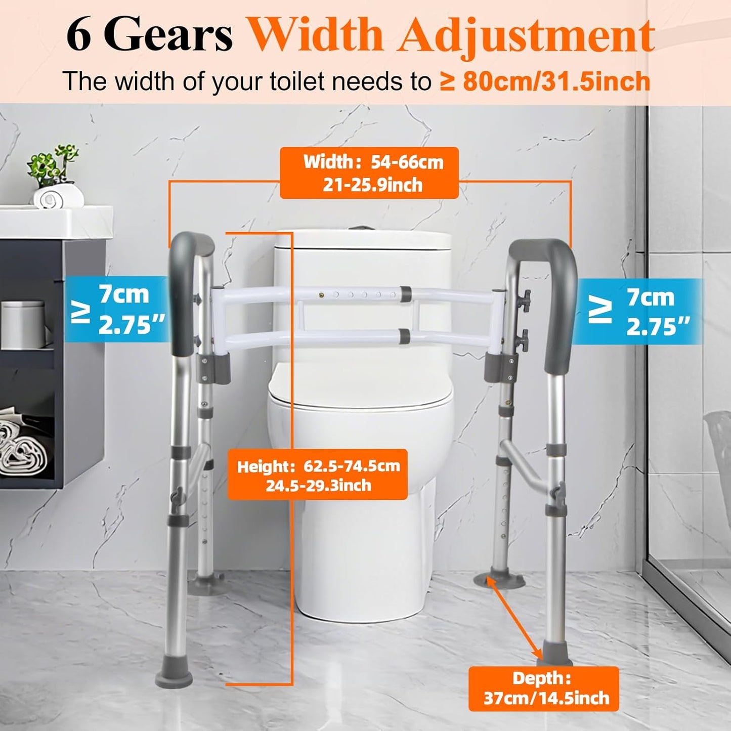 DePango Adjustable Handicap Toilet Safety Rails with Handles Bathroom DEMO