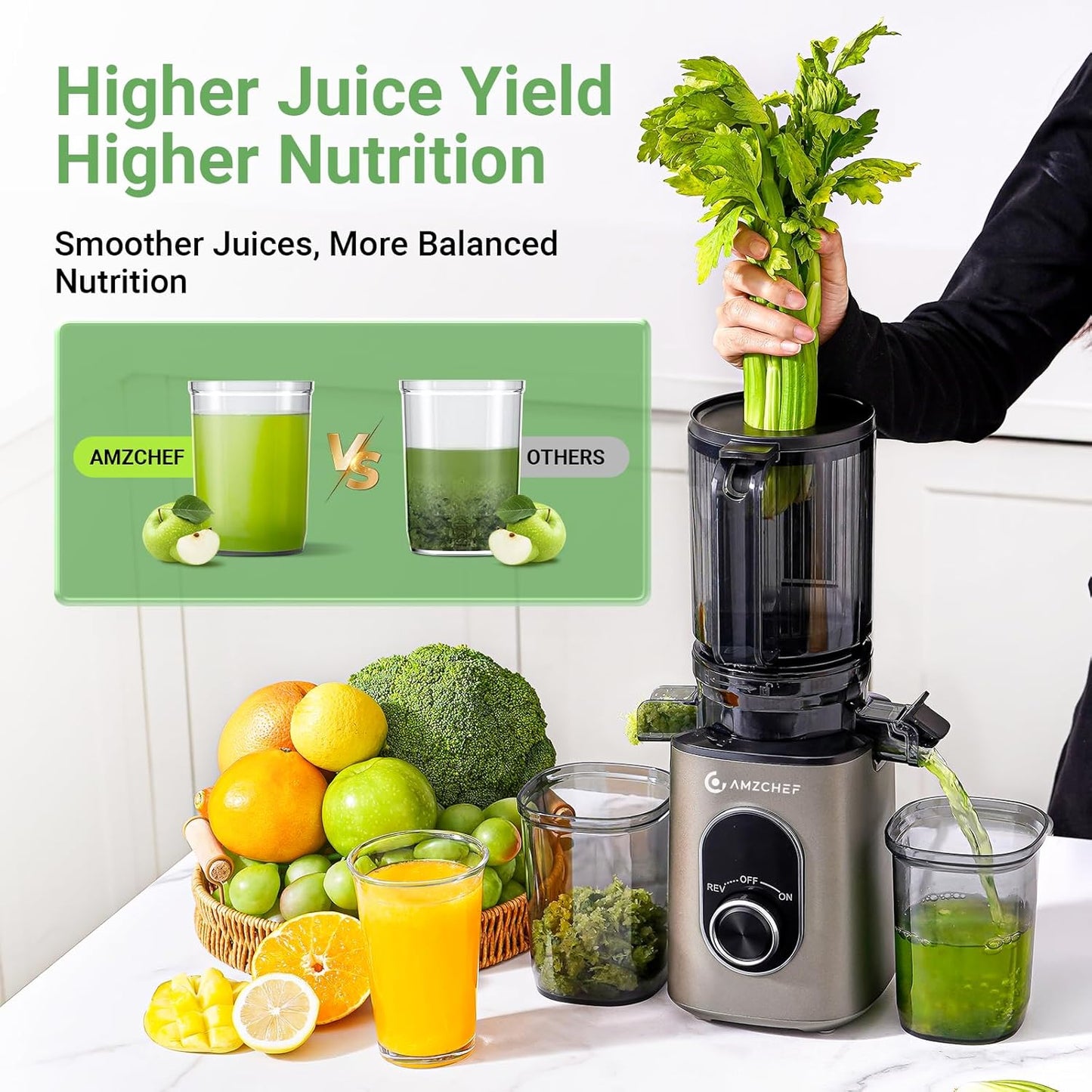 AMZCHEF Cold Press Slow Juicer with 1.5L Feeding Chute for Whole Fruit Gray DEMO