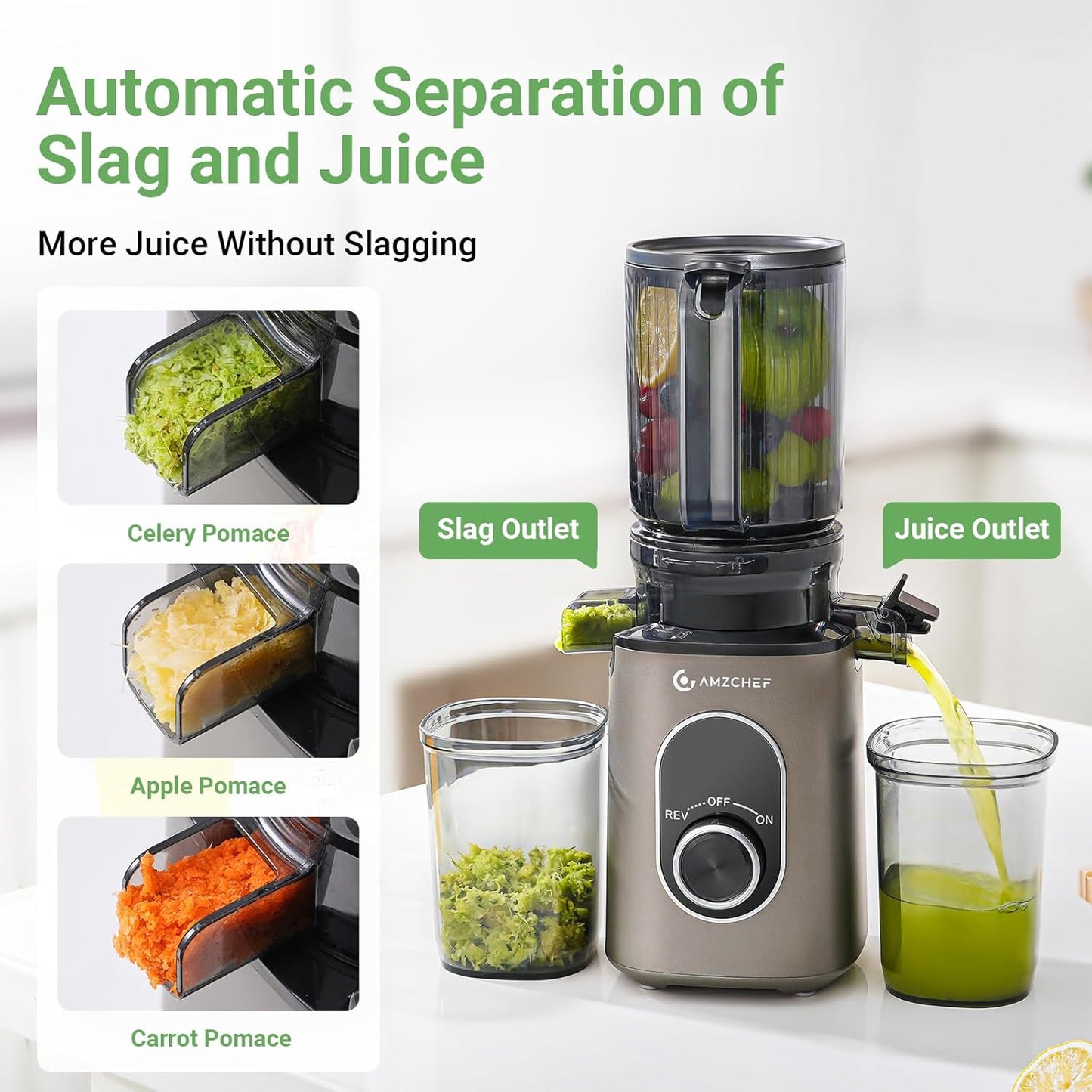 AMZCHEF Cold Press Slow Juicer with 1.5L Feeding Chute for Whole Fruit Gray DEMO