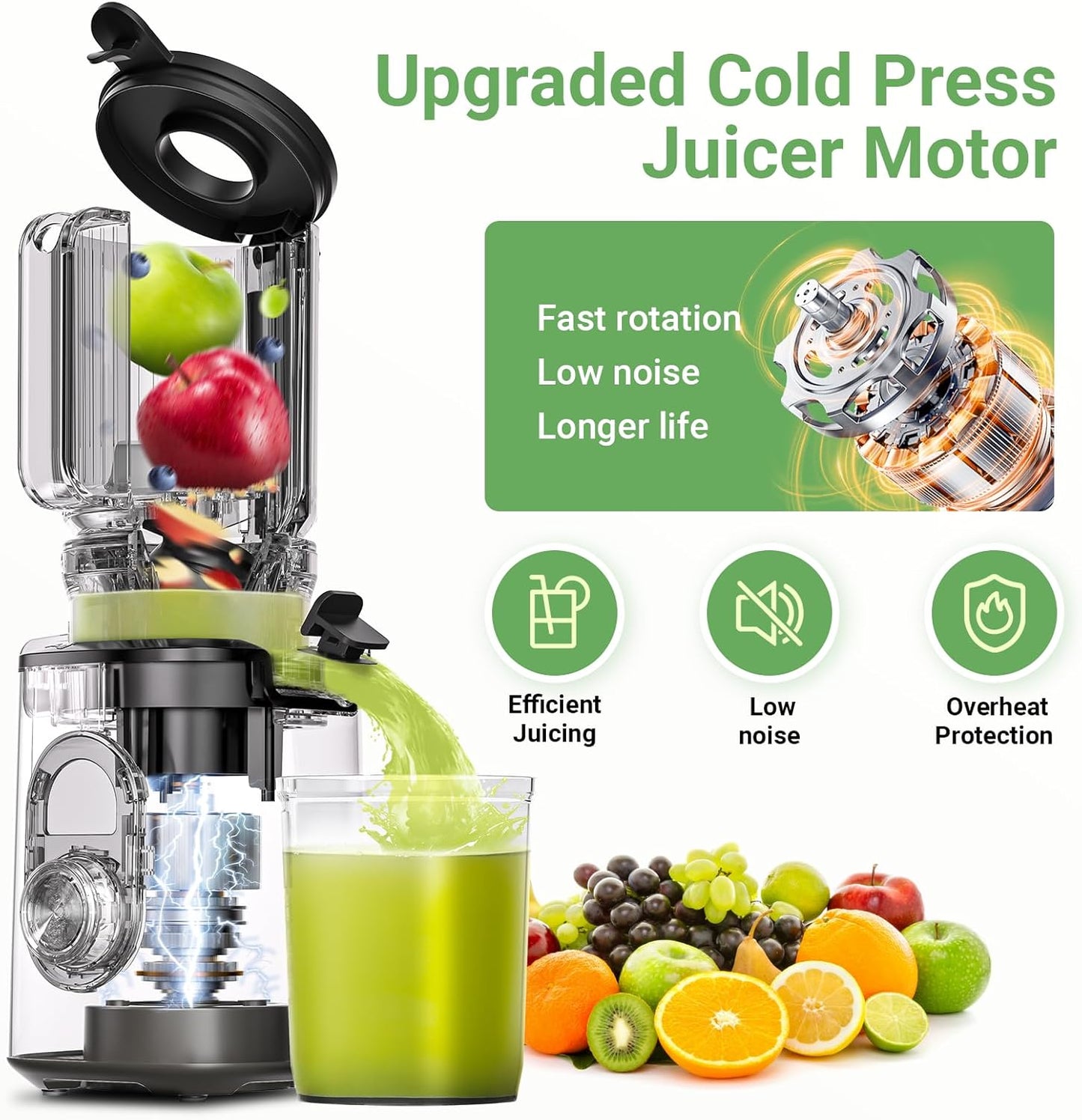 AMZCHEF Cold Press Slow Juicer with 1.5L Feeding Chute for Whole Fruit Gray DEMO
